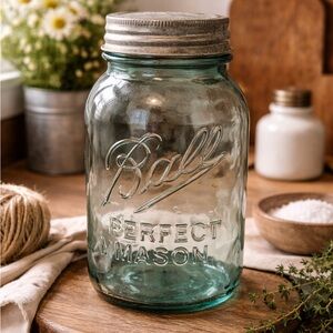 Vintage Ball Perfect Mason Aqua Blue Jar w Zinc Lid